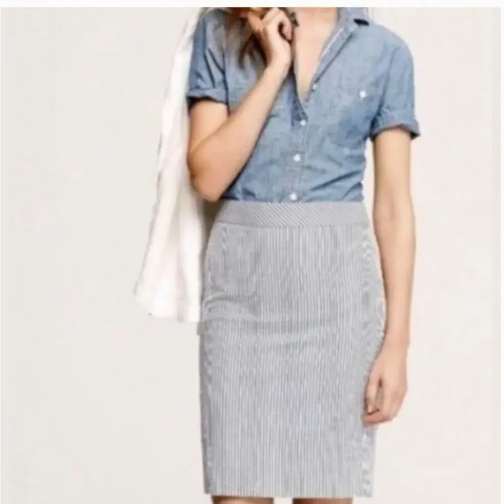 J. Crew Gray/Dark Blue/White Knee-Length Seersucker No. 2 Pencil Skirt Size 10